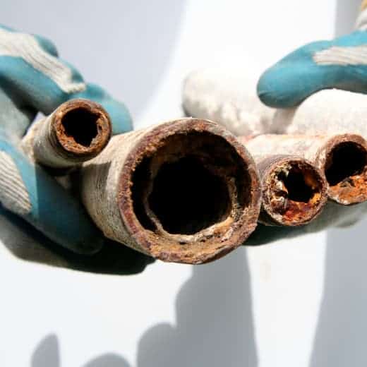 A close-up of old pipes clogged with mineral deposits, showing why repiping may be needed