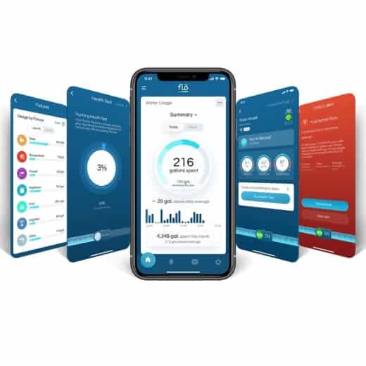 “Screenshots of the Moen Smart Water app showing leak alerts, water usage data, and remote shutoff controls