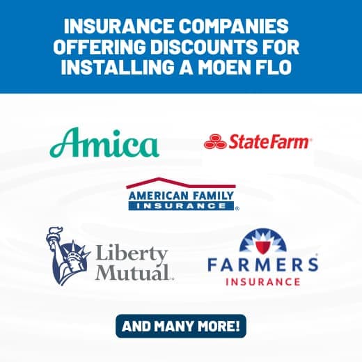 Logos of insurance companies offering homeowner discounts for installing a Moen Flo smart water shutoff system